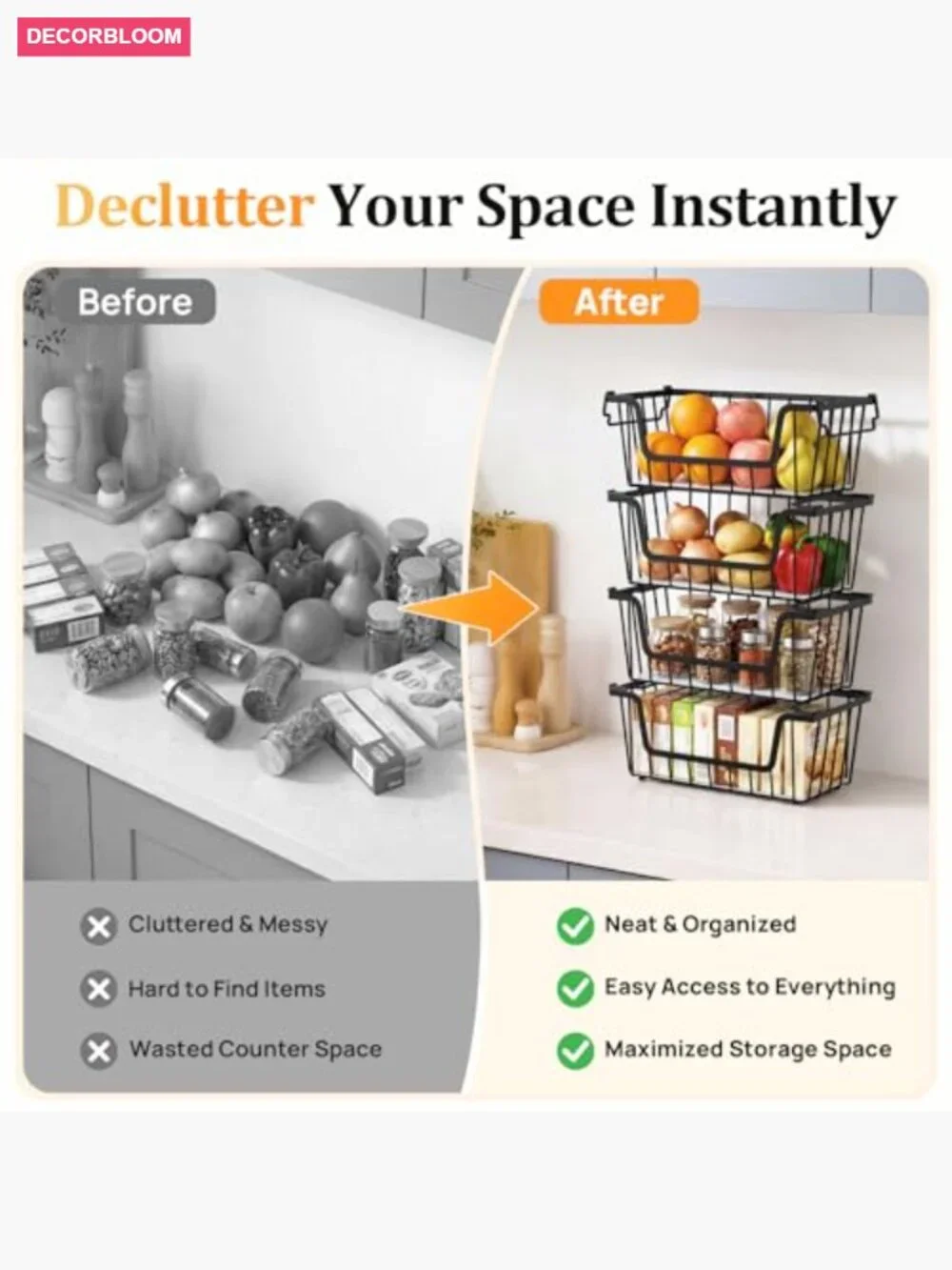 4 Stackable Wire Storage Baskets for Pantry & Kitchen Organization